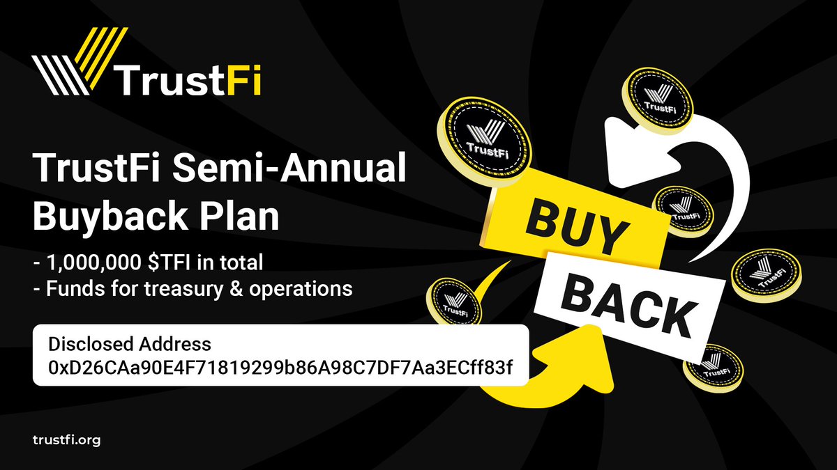 trustfiorg's tweet photo. 📣Our Largest $TFI #Buyback Yet: 1 Million Tokens!🔥

We will conduct a gradual buyback of 1 MILLION $TFI Tokens in Q2!

 - Buyback tokens wallet for transparency: 0xD26CAa90E4F71819299b86A98C7DF7Aa3ECff83f

📖Read on Medium: https://t.co/nmdcQiB2HE

#TrustFi #BaaS #DAO #DeFi https://t.co/rJ7XKW6kus