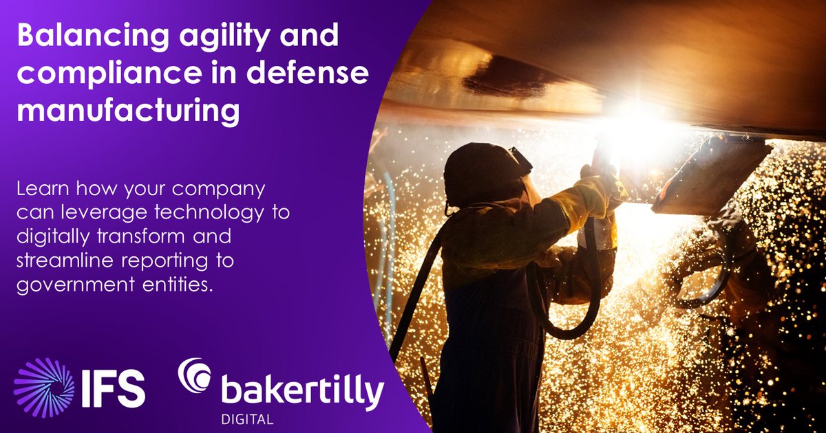 IFS_AD's tweet photo. #DefenseManufacturing webinar: @BakerTillyUS and @ifs explore how new tech is helping manufacturers become leaner and smarter—but not at the cost of #USDOD compliance &amp; transparency

Register now to confirm your spot:
https://t.co/FtdJZ5pmd2 https://t.co/ZEjubzLfFN