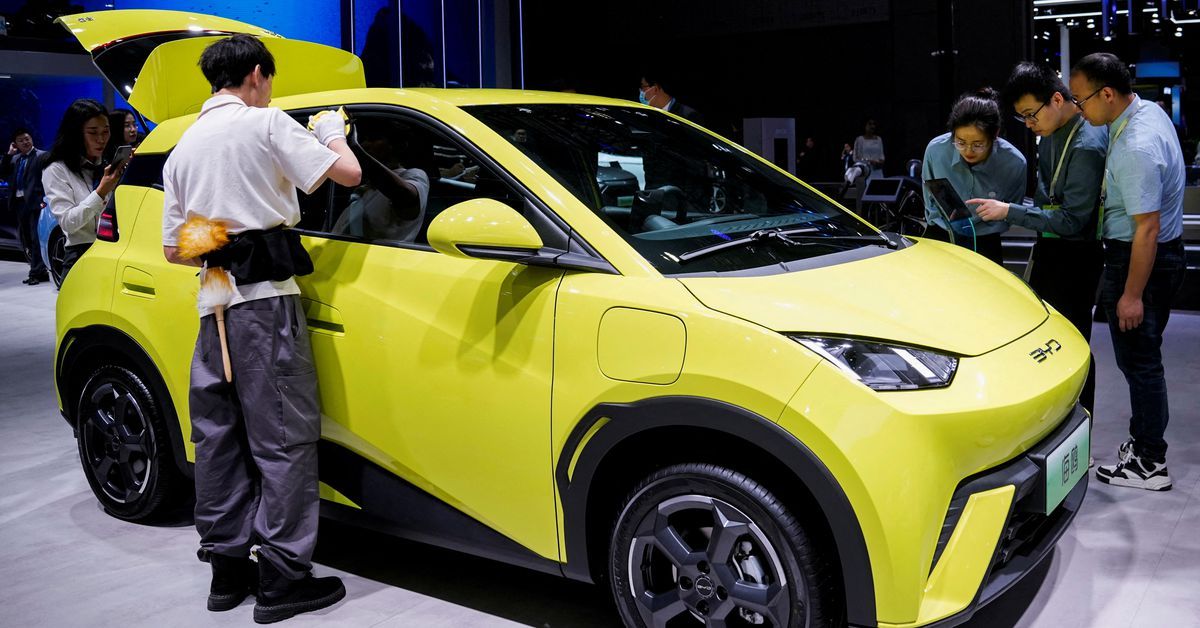 Reuters's tweet photo. BYD lowers starting price for Seagull electric hatchback https://t.co/dfCEO76PYb https://t.co/dWR5PMAVkk