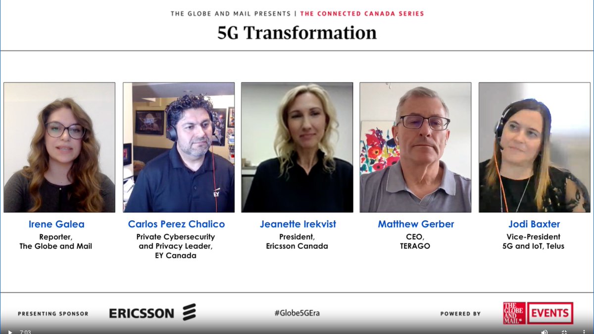 TheGlobeEvents's tweet photo. (2/2) PANELISTS:

Carlos Perez Chalico, Private Cybersecurity &amp; Privacy Leader, @EYCanada
Jeanette Irekvist, President, @EricssonNA Canada
Matthew Gerber, CEO, @terago_networks
Jodi Baxter, VP 5G &amp; IOT, @Telus

#Globe5GEra https://t.co/dNLeNbCpPa