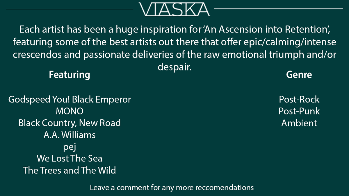 V1aska's tweet photo. Listen to the playlist on Spotify:
https://t.co/X91dlc2coK

This week's 'Music of inspiration' is dedicated playlist to all essential tracks that helped bring 'An Ascension into Retention,' and the music of Viaska to where it is now. https://t.co/gUomiWkQMR