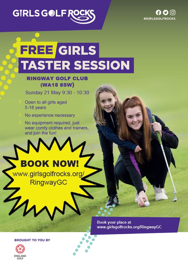 FREE girls taster session on Sunday 21 May 09:30-10:30
To book please go to girlsgolfrocks.org/RingwayGC 
#girlsgolfrocks #englandgolf