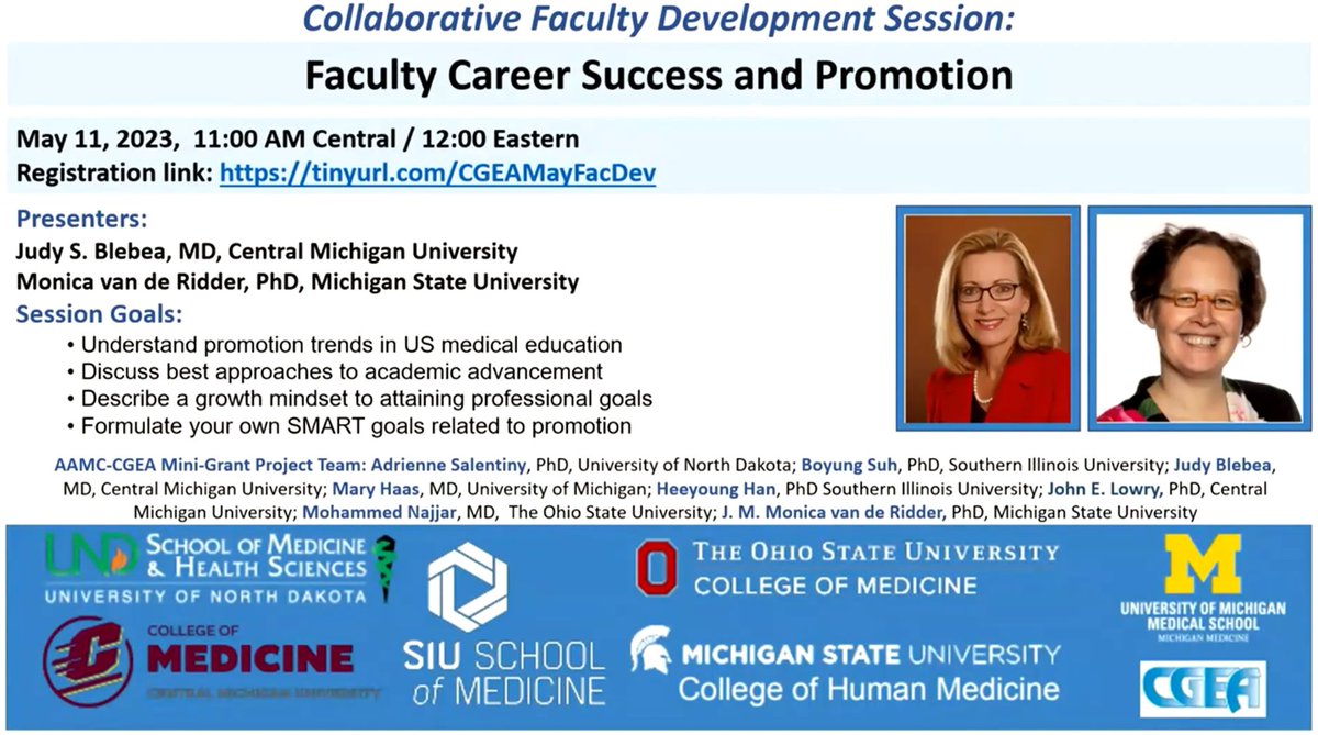 Join @JudyBlebea and @MvdRidder for Faculty Career Success and Promotion on Thursday, May 11 at noon ET. Register: shorturl.at/xDJU6 @CMU_Medicine @MSUMD @OSUWexMed @UMichMedSchool @siusom @UNDSMHS @TheCgea