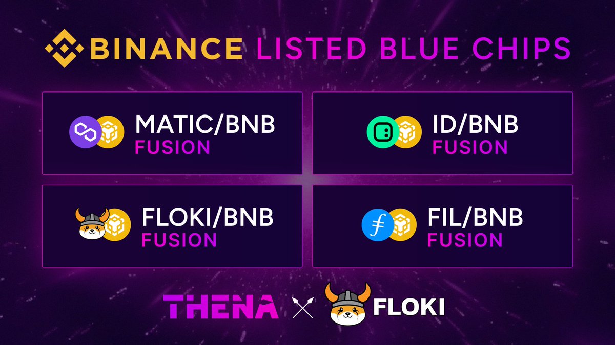 ThenaFi's tweet image. 1/ New FUSION pools powered by @CryptoAlgebra &amp;amp; @GammaStrategies going live on $THENA with emissions at midnight UTC

Blue chips with automated concentrated liquidity 👇

🟣 $MATIC / BNB
🐶 $FLOKI / BNB @RealFlokiInu
💷 $FIL / $BNB
✨ $ID / BNB @SpaceIDProtocol