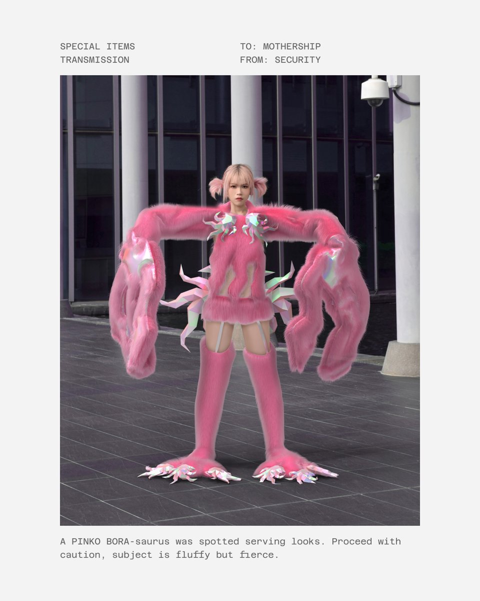 SpecialItems3's tweet photo. PINK(O) ALERT! 

SPECIAL ITEMS TRANSMISSION ~ Extremely pink and fluffy creature spotted!
Check out #PINKOJIANG rocking the #BORA digital furry jumpsuit from the collection "WE ARE NOT A DISASTER".

https://t.co/iCWcDGKA3b

#digitalfashion #digitalstyling #SpecialItems https://t.co/4QlIWBEs7Y