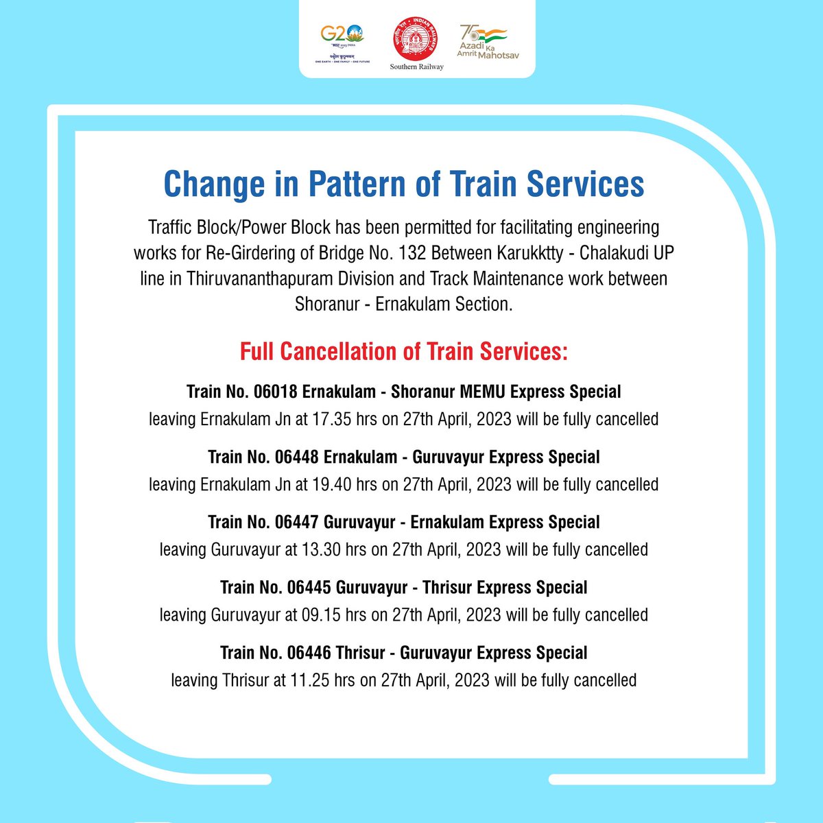 EdasseryManu's tweet photo. Important Update: Train Services were Cancelled Due to Engineering Works and Track Maintenance in Thiruvananthapuram and Shoranur-Ernakulam Sections. Plan Your Travel Accordingly

#SouthernRailway #TrainServices #RailwayUpdates #DMKFiles #VandeBharatExpress  @RailMinIndia https://t.co/UwsCfn79tU