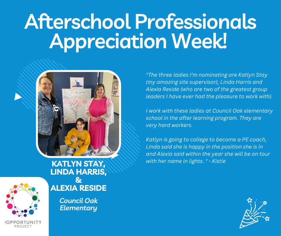 Today, we celebrate KATLYN STAY, LINDA HARRIS, and ALEXIA RESIDE at Council Oak Elementary! 

These three powerhouses are AFTERSCHOOL ROCKSTARS and we're grateful for their commitment to youth and the community. Learn more about Council Oak Elementary at counciloak.tulsaschools.org