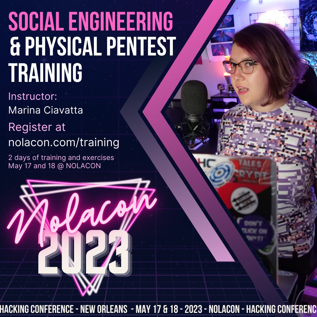 HERE WE GO! My Social Engineering and Physical Pentest training was accepted at
<a href="/nola_con/">NolaCon</a> - YAY!! For more info and to register, go to nolacon.com/training/2023/……  - Starting with the basics, it advances to modern techniques and attacks (with case studies and exercises)!