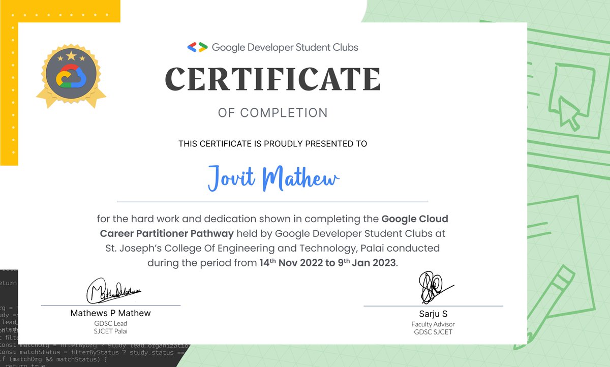 JovitMathew's tweet photo. I am happy to share that I recently received swag from Google for completing the Google Cloud Career Partitioner Pathway with Google Developer Student Clubs at SJCET!  #GoogleCloud #CareerPathway #GDSCTraining #SJCET #SwagAlert #Google #webdevloper #jovit #jovitmathew https://t.co/xZomo4jD8c