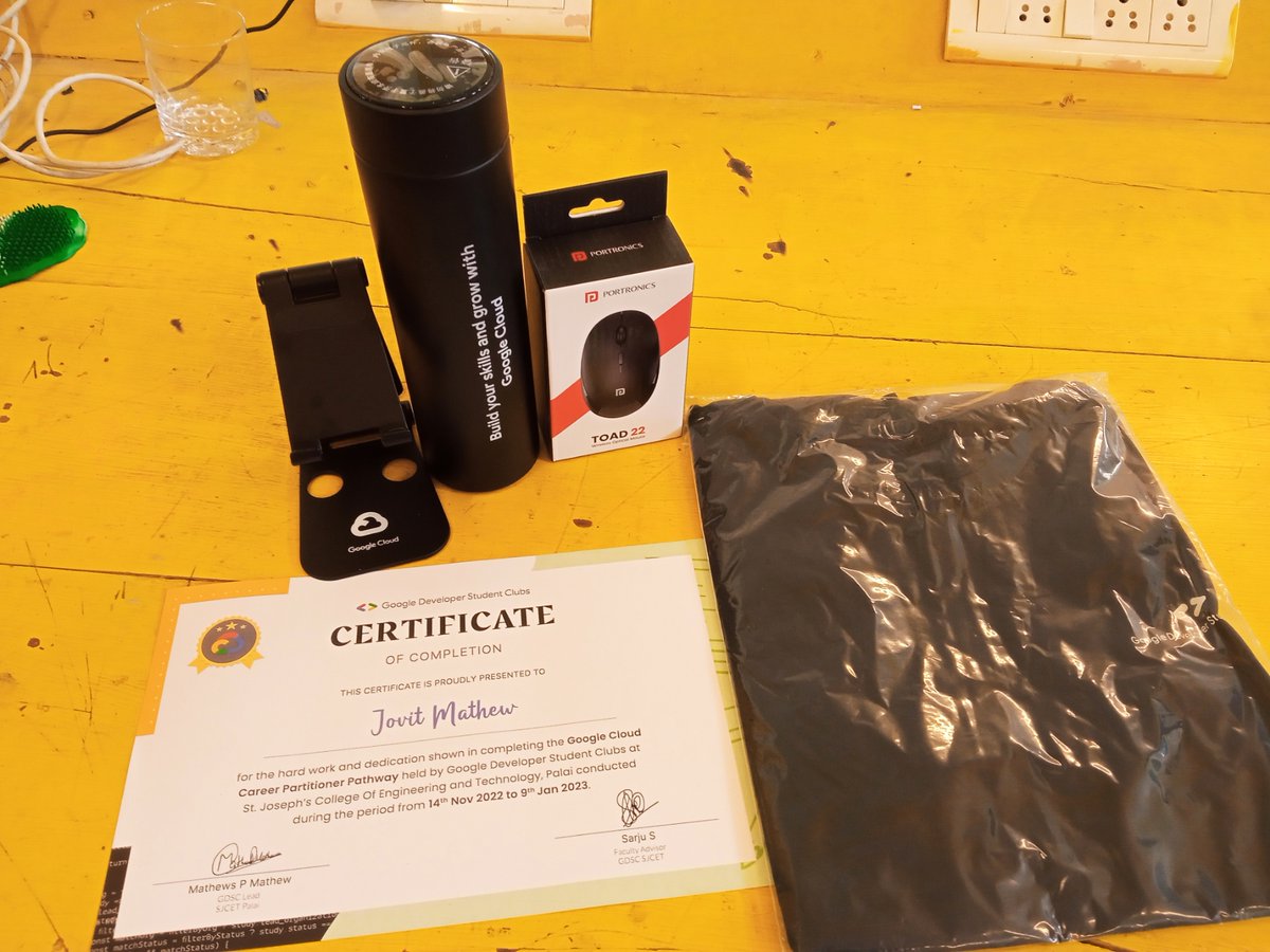 I am happy to share that I recently received swag from Google for completing the Google Cloud Career Partitioner Pathway with Google Developer Student Clubs at SJCET!  #GoogleCloud #CareerPathway #GDSCTraining #SJCET #SwagAlert #Google #webdevloper #jovit #jovitmathew
