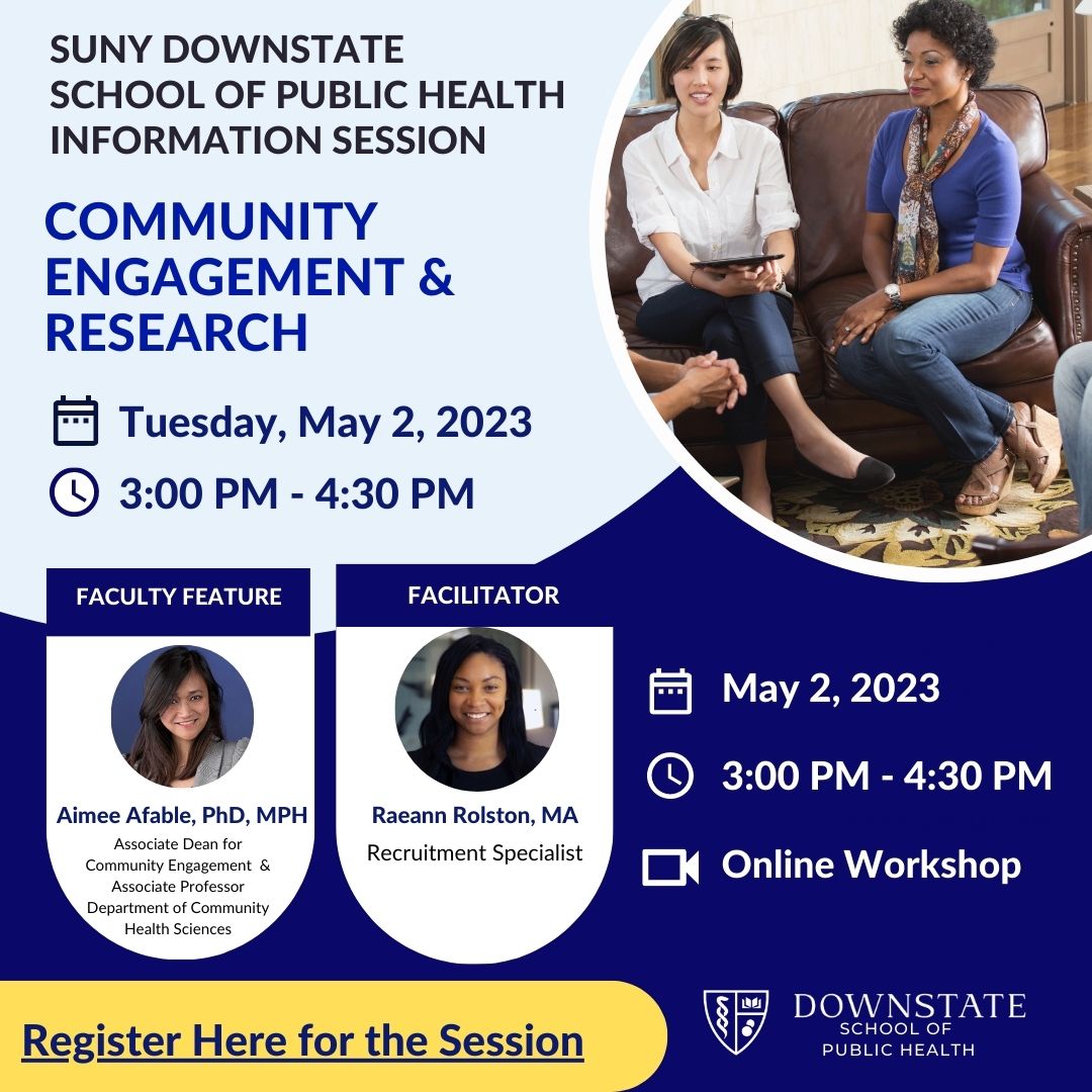 DownstateSPH's tweet photo. Please JOIN US on Tuesday, May 2nd at 3:00pm virtually for the #SUNYDownstate School of #PublicHealth Information Session!
Free registration at
https://t.co/5JECSJ5POT
#downstatesph #onlineworkshop #SPHInfoSession #MPH #DrPH #PublicHealthProgram #PublicHealthAdvancedCertificate https://t.co/fI2w0QkJxj