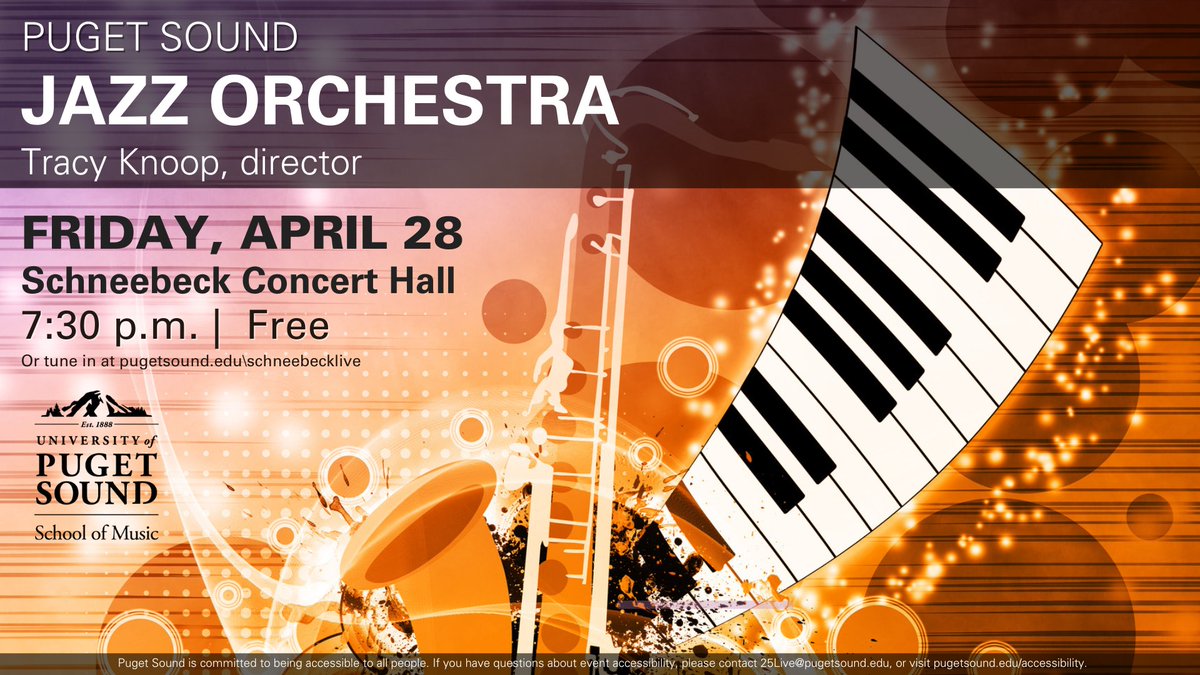 PugetSoundMusic's tweet photo. Join us this Friday, April 28th at 7:30pm for Puget Sound’s Jazz Orchestra concert, directed by Tracy Knoop in Schneebeck Concert Hall! You won’t want to miss the last Schneebeck concert of the semester so be sure to mark your calendars and come groove with the band! https://t.co/k6NQLbShb2