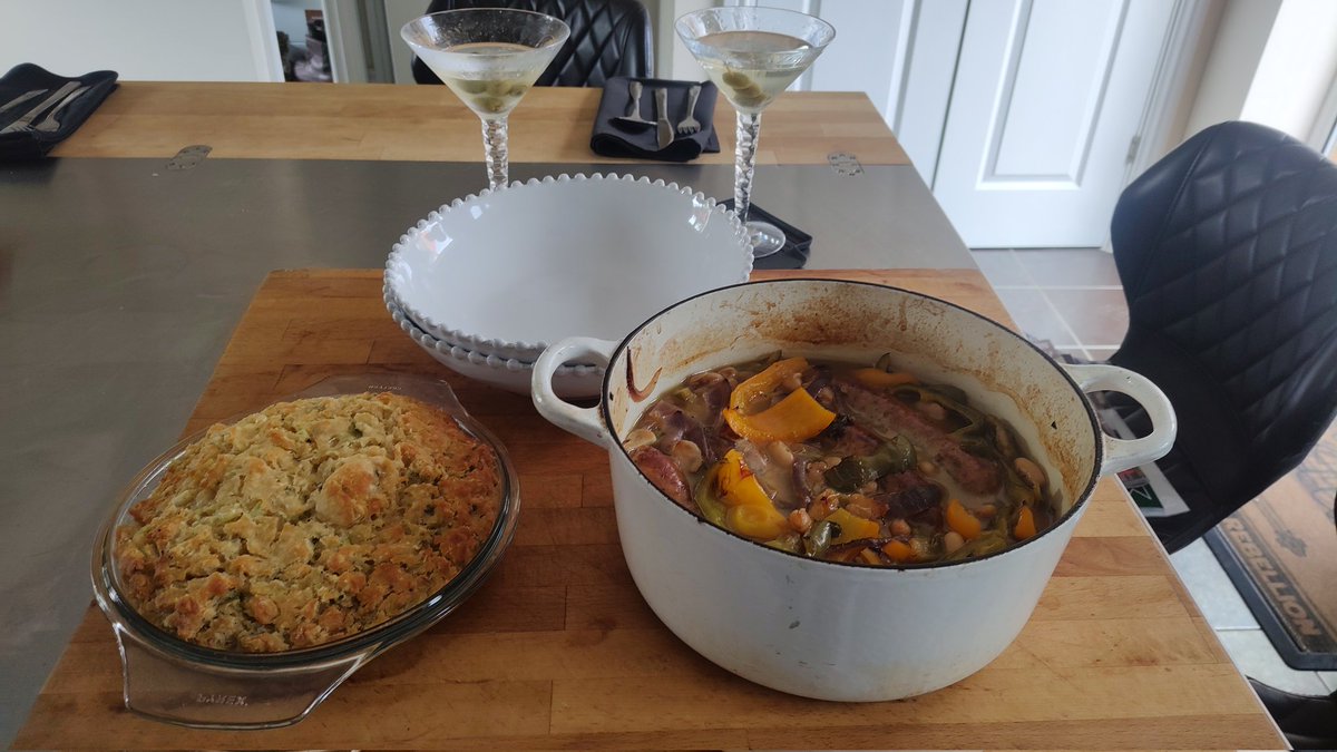 Mwm dinner tonight is:

Italian sausage ragu (sausages from the incomparable <a href="/BlocknBottle/">Block & Bottle</a> Heaton - they do mail order)
With a herb "dumpling"