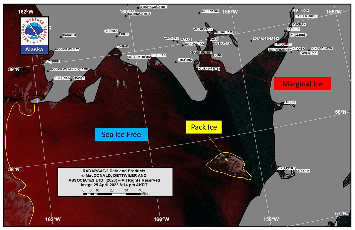 Bristol Bay is nearing the end of the sea ice season! One large area of pack ice is drifting offshore Pilot Point, with low concentration ice left in Nushagak Bay and Kvichak Bay. Otherwise sea ice free conditions exist. @kdlgradio @NWSAnchorage #alaskaseaice #akwx