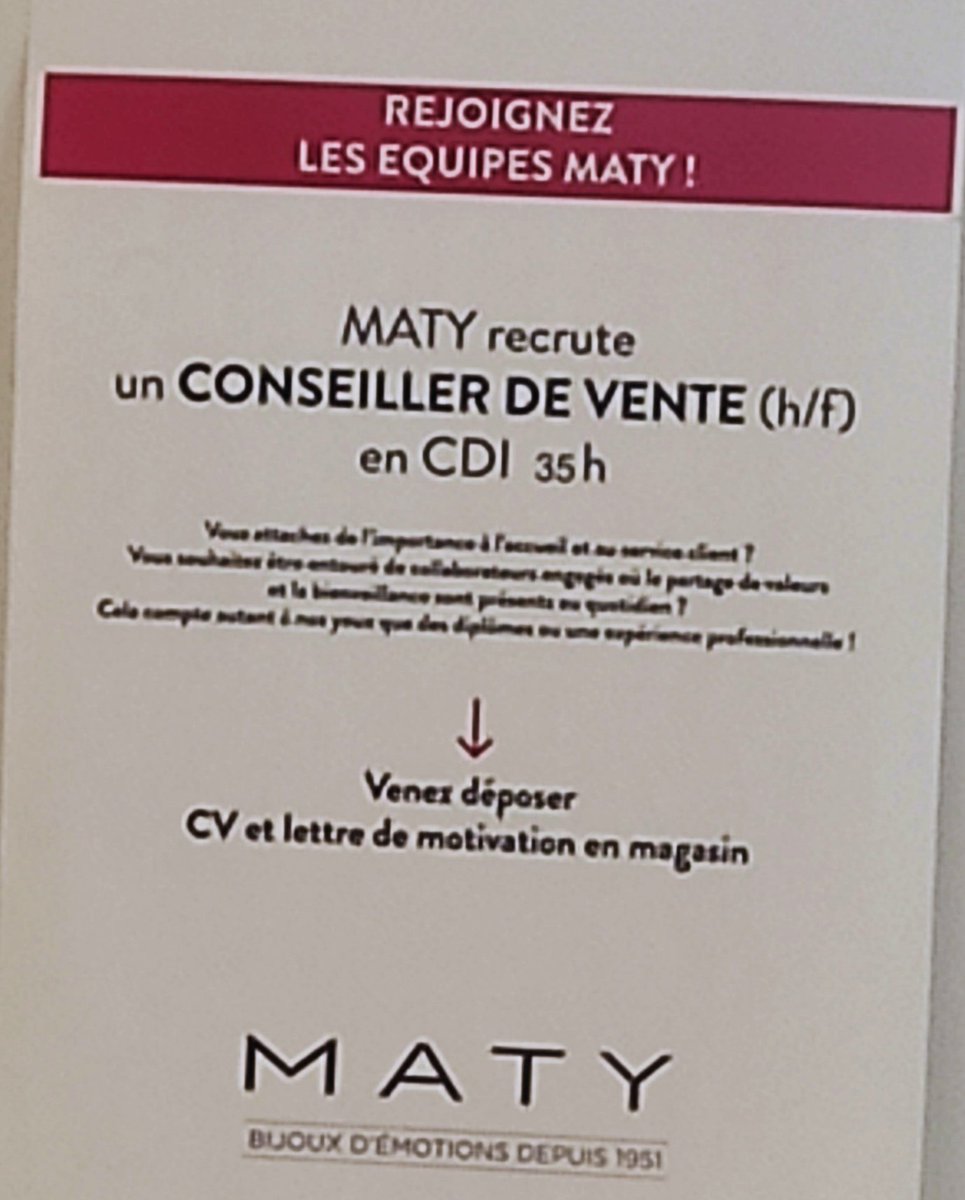 L90Christelle's tweet image. Le magasin #maty #Besancon recrute en conseil de #VenteOM une première expérience en #commerce souhaitée déposez votre candidature à l accueil de la boutique 👌