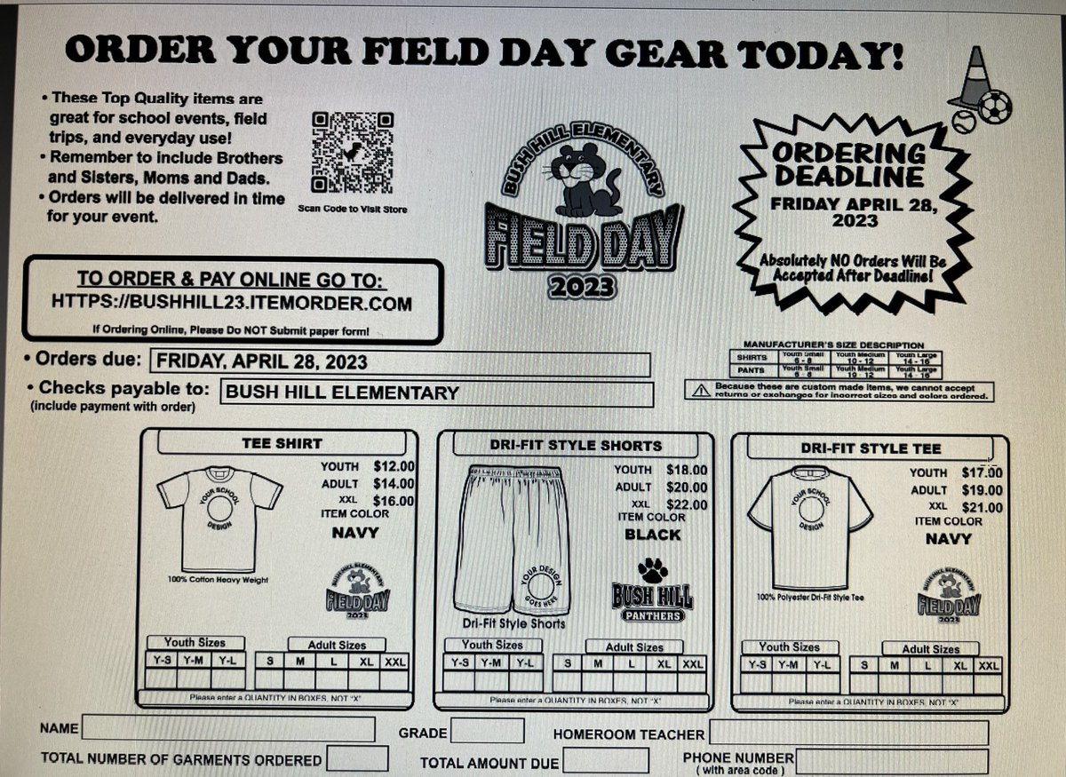 Field Day is almost here! June 8th <a href="/bushhilles/">Bush Hill Elementary School</a> 
This is the last week to order T-shirts. Look for info in Tuesday Folders. 🐾