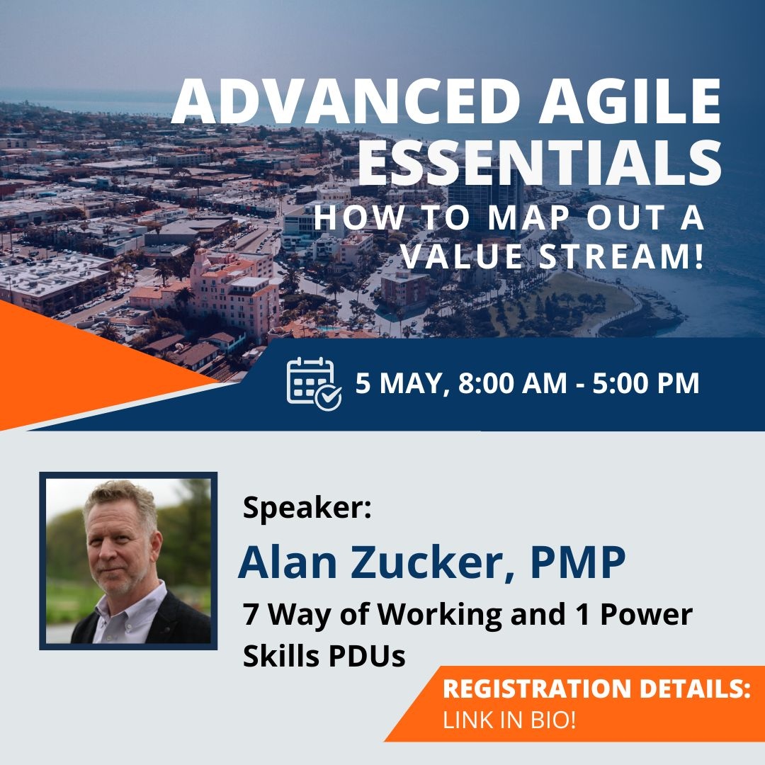pmisandiego's tweet image. Join Alan Zucker's #AdvancedAgile Essentials course!
What: Advanced #AgileEssentials
Speaker: Alan Zucker, #PMP
When: May 5, 2023, 8:00 AM - 5:00 PM
Where: Virtual
PDUs: 7 Way of Working and 1 Power Skills PDUs
Register: bit.ly/41L9L8q