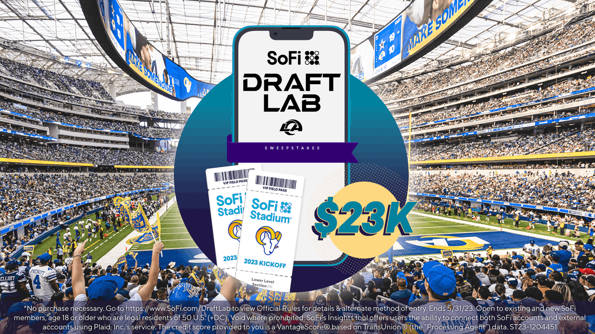SoFi's tweet photo. Ready to get drafted? Sign up for free credit score monitoring with SoFi Insights to enter the SoFi Draft Lab Sweepstakes. You could win a grand prize of $23K and tickets to the @RamsNFL ‘23 season home opener! Enter by 5/31/23.* #sweeps #NFLDraft2023

Learn more at https://t.co/XCeecOcEKu