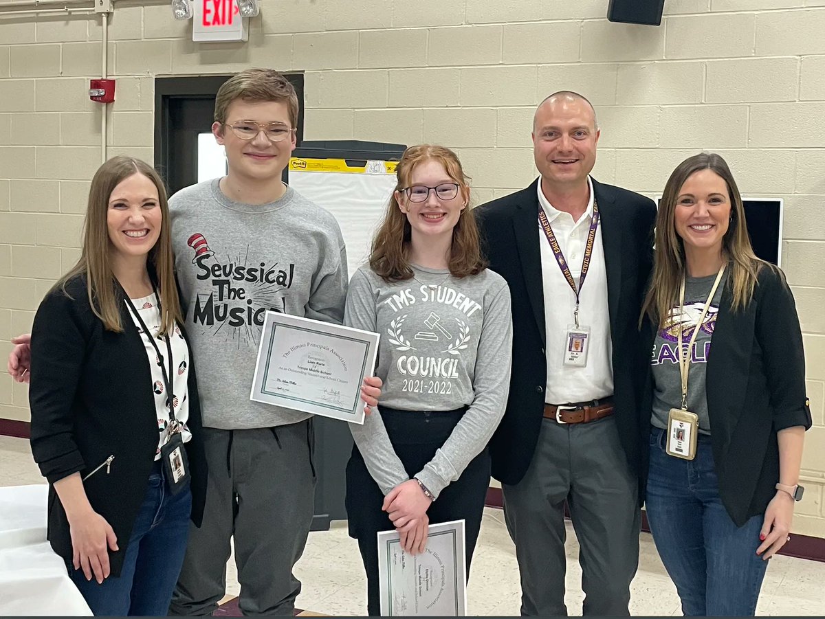 Wilbur_TrimpeMS's tweet photo. At our district's annual Principals' Breakfast, TMS was thrilled to honor Ms. Blythe Dinnius and Mr. Liam Rorie as our Principals' Award winners for their characher, scholarship, and service to our school and community. We are very proud of them! #GoEagles #ThisIsTMS #EaglesRISE https://t.co/BK10sjint9
