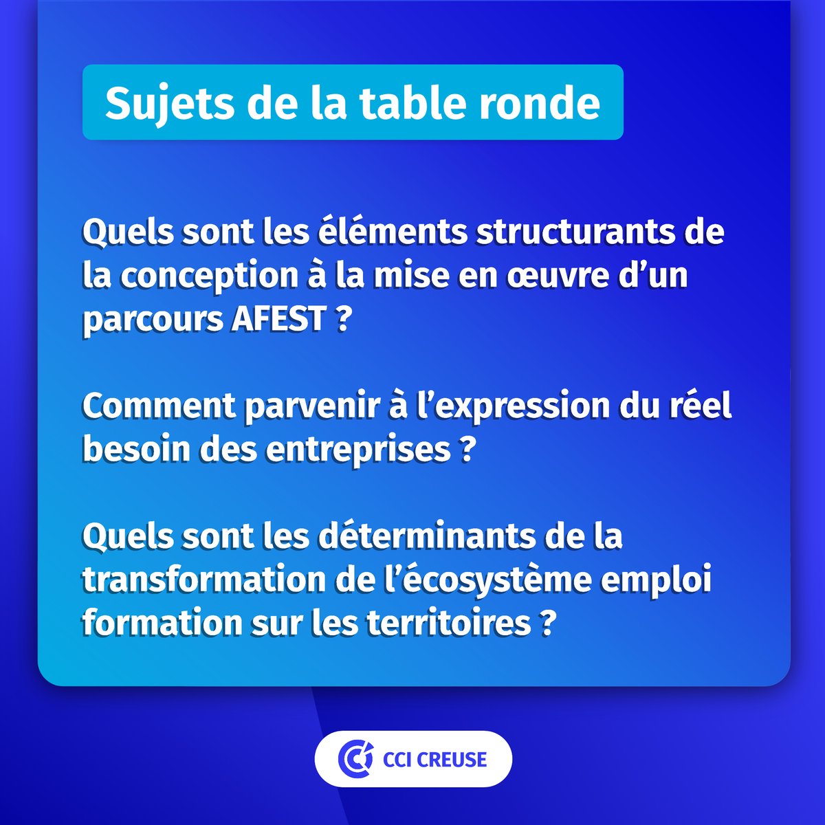 La CCI #Creuse participera le mercredi 10 mai à une #TableRonde ayant pour thème l’#AFEST (Action de Formation En Situation de Travail).

Pour y assister, inscrivez-vous ici 👉 questionnaires.cap-metiers.pro/index.php/4641…
