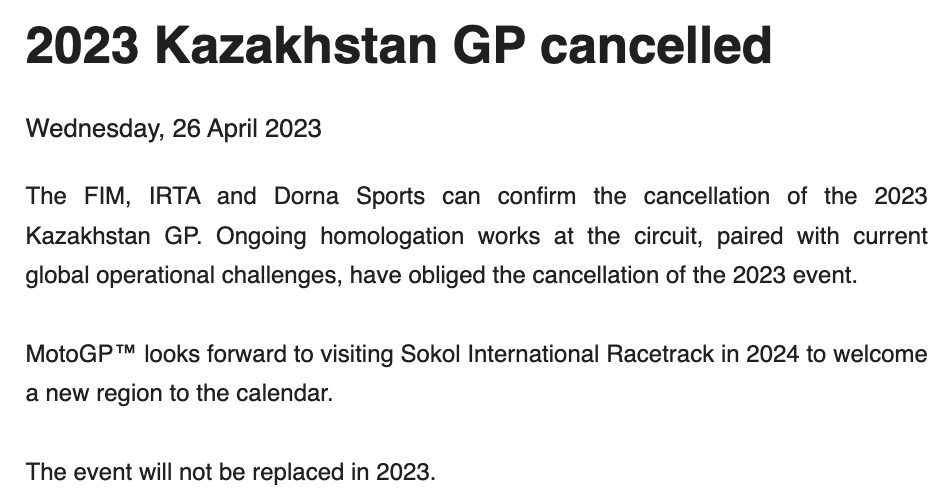 2023 MotoGP Calendar, Kazakhstan GP cancelled