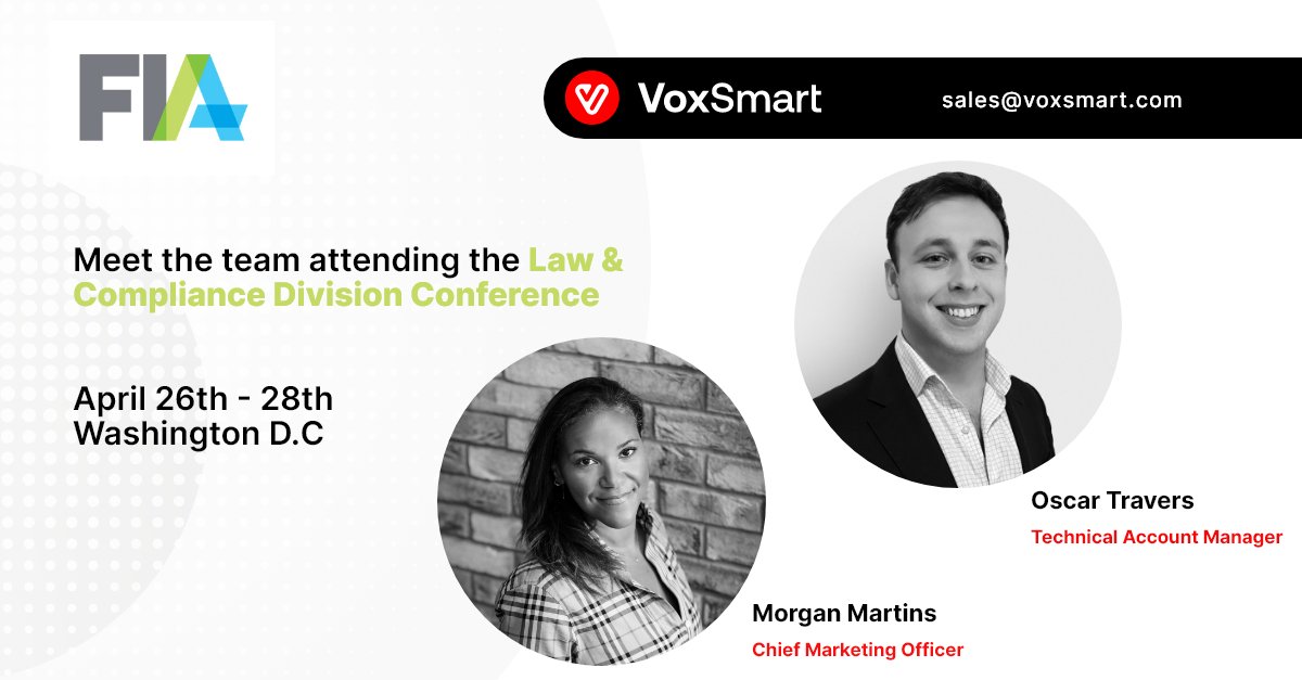 Join us today at the FIA Law &amp; Compliance Division Conference! Group CMO, Morgan Martins and Technical Account Manager, Oscar Travers are in attendance and look forward to meeting you there to discuss all things compliance! More here: bit.ly/3Va2NYH #RegTech