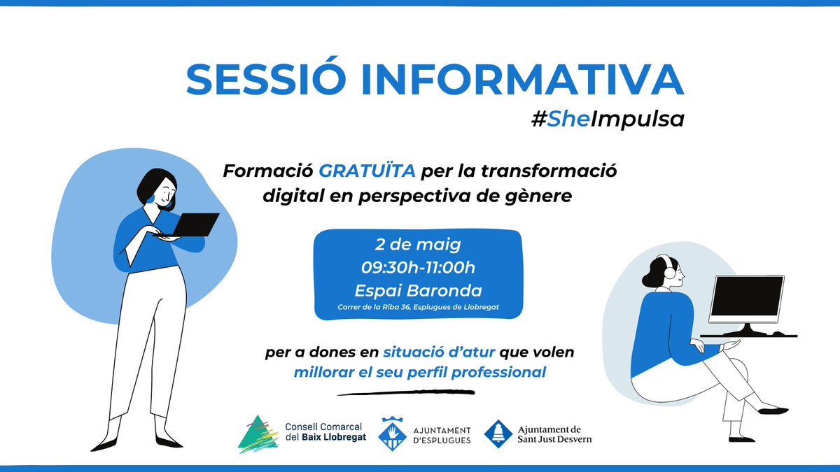 santjustcat's tweet photo. 💻Nova edició del projecte de transformació digital, amb l'@ajesplugues i @CCBaixLlobregat.

✅#SheImpulsa, per a dones en situació d’atur: 2 de maig, de 9.30 a 11 h

✅#SheDigital, per a dones emprenedores: 2 de maig, d'11.30 a 13 h

Inscriviu-vos! 👉https://t.co/JmBalTkrdS https://t.co/ZZ9HAib8mo