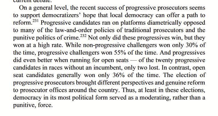 <a href="/UCDavisLRev/">UC Davis Law Review</a> <a href="/wrightrf/">Ron Wright</a> Perhaps our most interesting findings relate to reform prosecutors--what some call "progressive prosecutors."
We found that these candidates won *far* more often than traditional candidates.
In other words, from an electoral perspective, progressive prosecutors are a success!