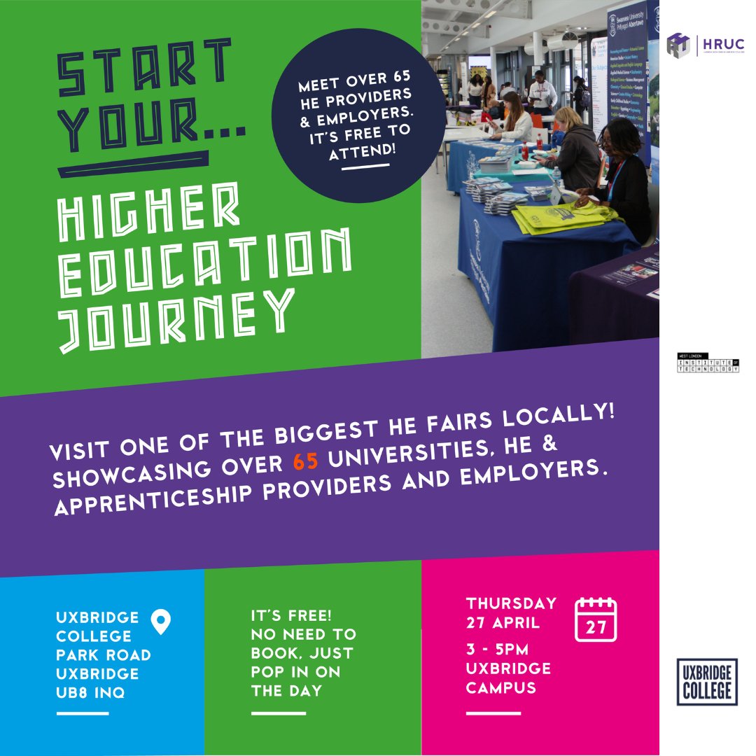 hcucdigital's tweet photo. RT HarrowCollege: Are you considering continuing your education? Look no further than the HRUC Higher Education Fair on 27th April! Take advantage of the opportunity to gain valuable advice &amp; discover the perfect education pathway for you!
#HarrowCollege… https://t.co/HpXZU4158L