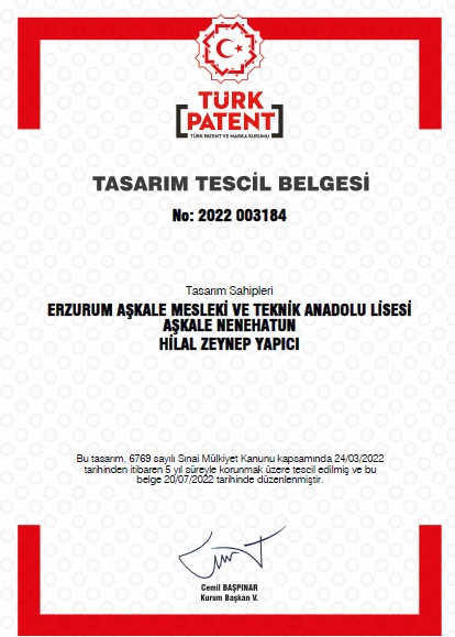#DünyaFikriMülkiyetGünü
Okulumuz tarafından 2022-2023 eğitim öğretim yılında 10 adet başvuru yapılmıştır.
Başvurulardan birisi tescil edilmiştir.
<a href="/tcmeb/">Millî Eğitim Bakanlığı</a> <a href="/prof_mahmutozer/">Mahmut Özer</a> <a href="/AskaleKaymkmlg/">Aşkale Kaymakamlığı</a> <a href="/Erzurum_Mem/">Erzurum İl Millî Eğitim Müdürlüğü</a> @askalemem