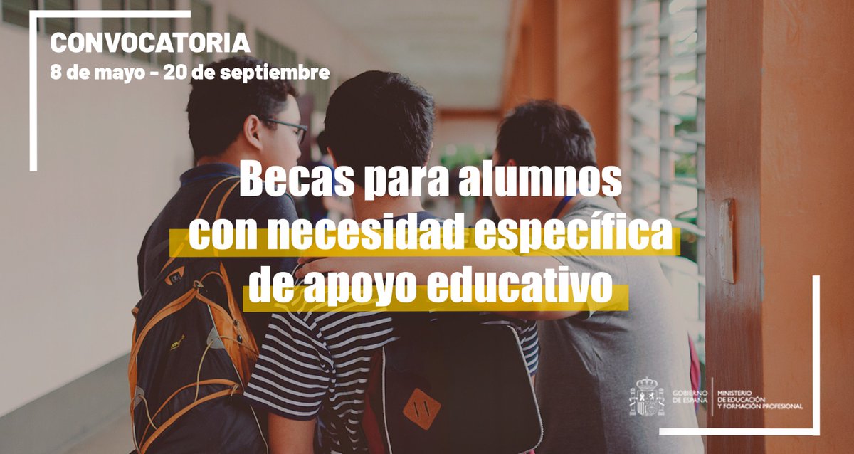 La convocatoria de ayudas para alumnado con necesidades específicas de apoyo educativo ya tiene fechas.

👉Se podrán solicitar entre el 8 de mayo y el 20 de septiembre. 

Toda la información, aquí⤵️
becaseducacion.gob.es/becas-y-ayudas…