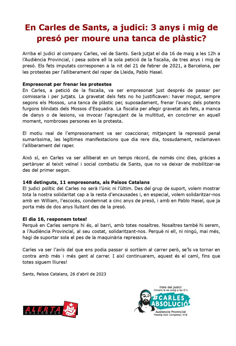CDRCatOficial: RT <a href="/AlertaSolidaria/">Alerta Solidària</a>: ⚠️ En @CarlesLlibertat a judici!

3 anys i mig de presó??? L'acusació parla només de moure una tanca de plàstic!!!

😡En Carles de Sants va pagar amb 5 dies de presó preventiva haver protestat per la llibertat de Pa…