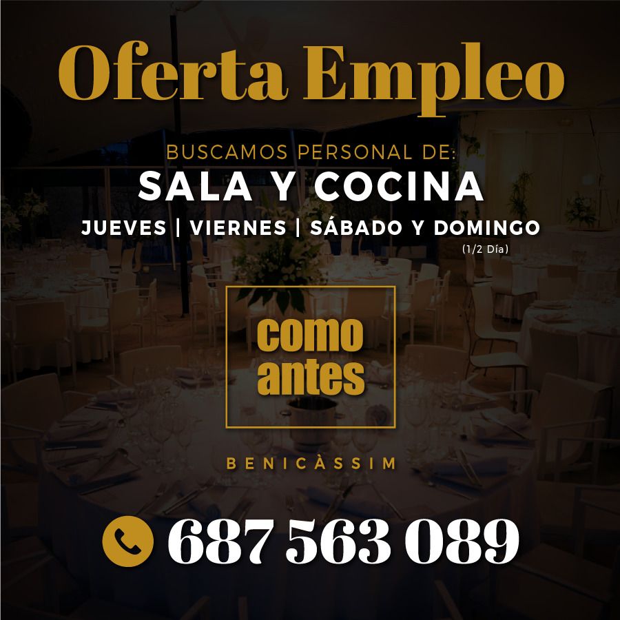 comoantes's tweet photo. #OfertadeEmpleo

🔵 Atención🔎 Buscamos personal para como antes Benicasim Temporada 2023 

📊 Interesados llamar 📲 687 56 30 89 para concertar entrevista

#OfertadeTrabajo #Empleo #Trabajo #Hosteleria #temporada #verano #verano23 #comoantes https://t.co/bITImT1pNy