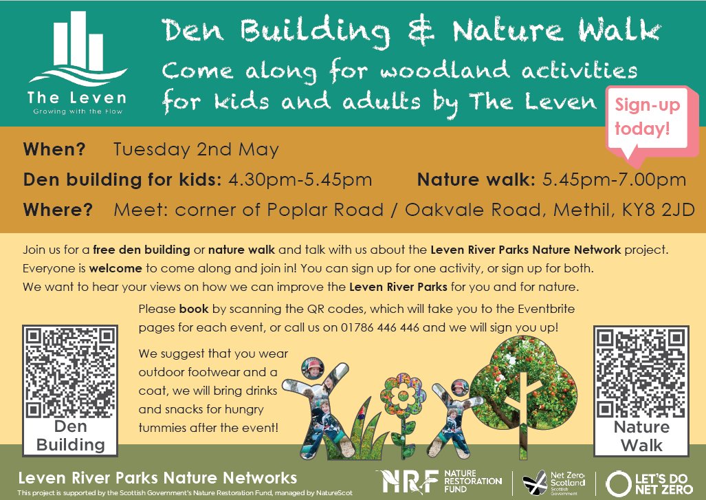 Join us for den building & #woodland activities on 2nd May celebrating natural #play in the #TheLeven river parks! We'll show you some top survival tips whilst you give us your thoughts on #NatureNetworks around the Leven - everyone welcome!
Sign up here: eventbrite.co.uk/e/childrens-de…