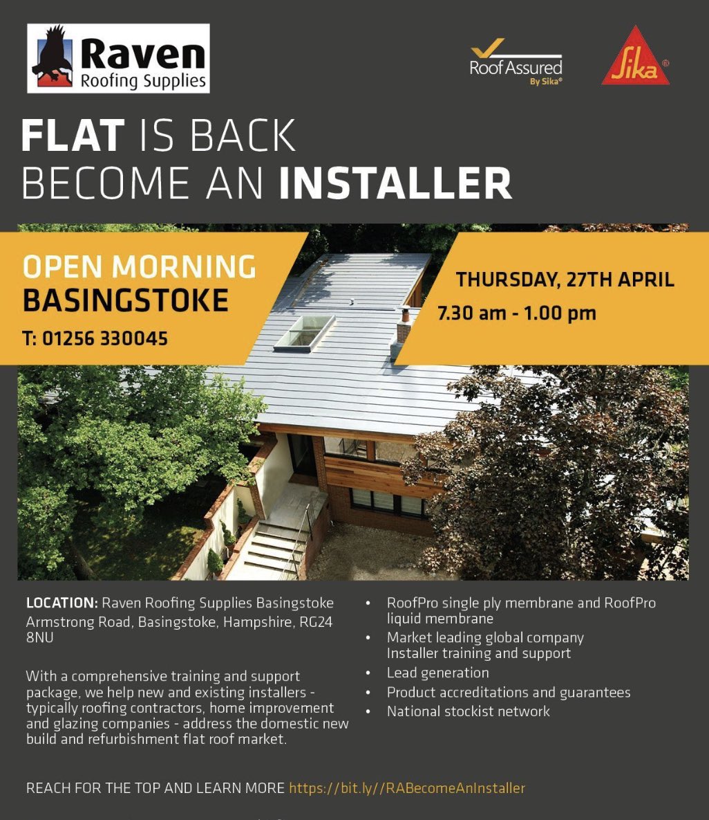 *Basingstoke Tomorrow* Another great chance to meet the Sika experts for top tips and advice.  Find out about becoming an installer! Complimentary drinks &amp; food for all
<a href="/RoofAssured/">Roof Assured by Sika</a> #singleply #basingstoke 
<a href="/SikaLimited/">Sika UK</a> #flatisback 
#roofingsupplies #roofing
