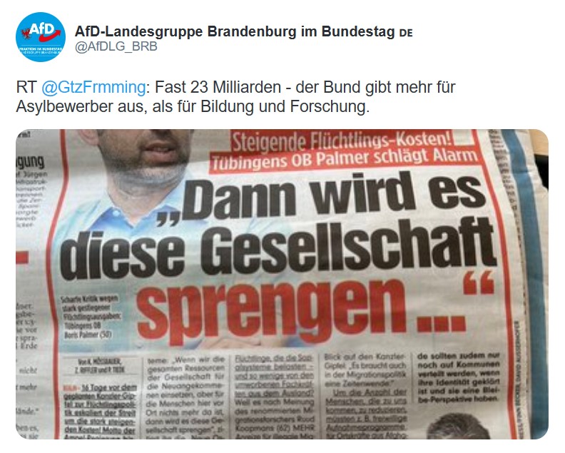 tuertvsrechts's tweet photo. Boris Palmer, der Oberbürgermeister von #Tübingen, ist häufiger eine positive Bezugsperson der extremen Rechten. Besonders gerne werden flüchtlingsfeindliche Zitate von ihm verwendet. Hier mal ein Beispiel von der #AfD-Bundestags-Landesgruppe Brandenburg.
#NoAfD
#NoPalmer https://t.co/EtMI7VeFQU