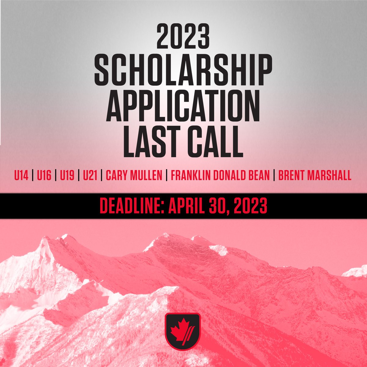 AlbertaAlpine's tweet photo. Last call for 2023 Scholarship Applications!  
Deadline is April 30.

✅ David Murray Memorial (U19, U21)
✅ Ski Canada Magazine Award (U14, U16)
✅ Franklin Donald Bean Award (AST)
✅ Brent Marshall Memorial (U16-19)
✅ Cary Mullen Nominations

Apply at https://t.co/gDTAeIm9pw https://t.co/ryVuvhGhCf