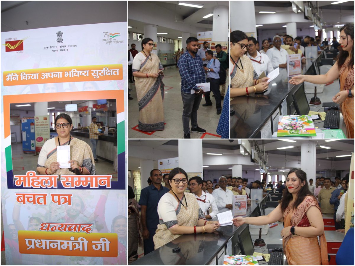 smritiirani's tweet photo. Opened Mahila Samman Saving Certificate (MSSC) account at Sansad Marg Post Office today.

MSSC scheme announced in Budget 2023-24 to commemorate 'Azadi Ka Amrit Mahotsav' is aimed at enhancing financial inclusion & providing better returns to women.

I urge women and young girls to enrol for MSSC and take benefit of this small savings scheme.