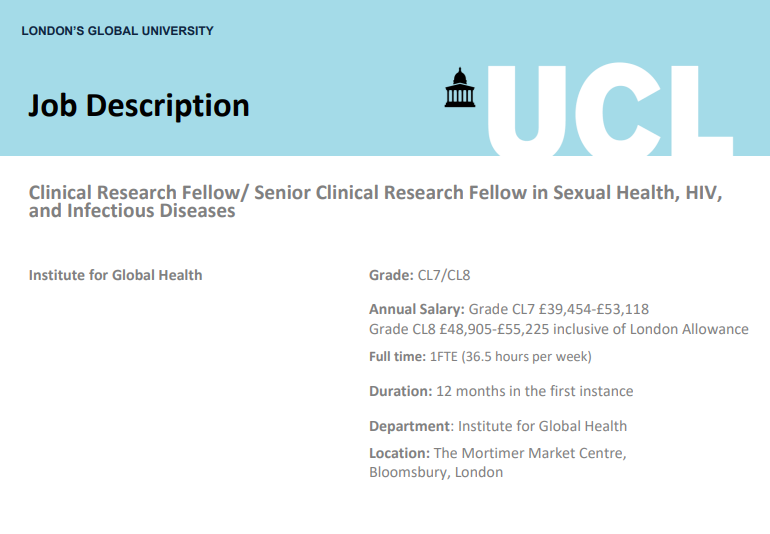 Join the best research team in town! ♦️Job: Research Fellow in sexual health,HIV &ID at @UCL_CRISH ♦️Great OOP for ID/GUM/Virol trainee/other Dr with experience ♦️Deadline: 21 May 2023 ♦️Perks: Standard AL *plus* uni holidays & amazing colleagues APPLY: ucl.ac.uk/work-at-ucl/se…