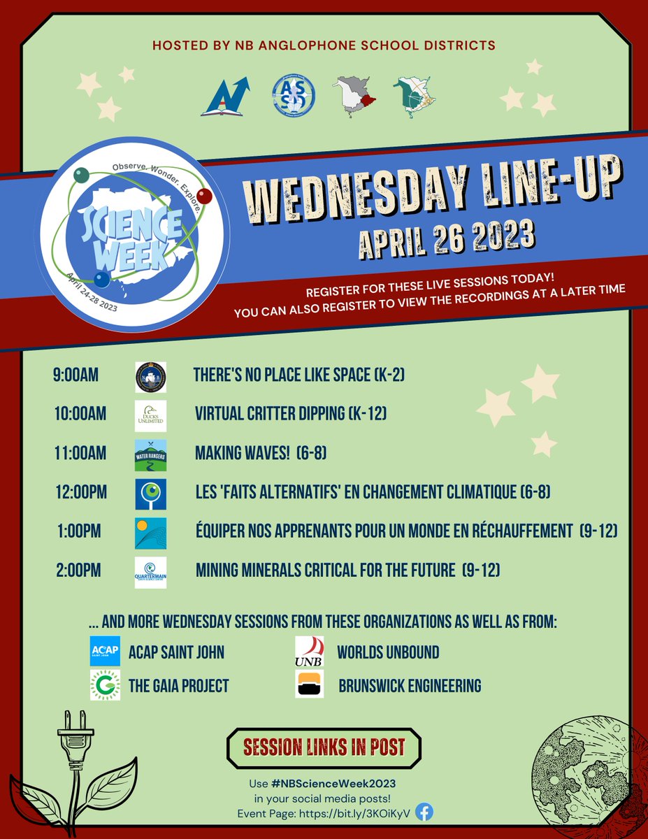 ScienceWestNB's tweet photo. #NBScienceWeek2023 Check out Wednesday's line-up!  You can register here for live sessions and recordings:  
K-5: https://t.co/lbZZYKhCFa
6-8: https://t.co/OGfdciPcJ1
9-12: https://t.co/GuYLRiMBuP https://t.co/cHNx9K2uSn