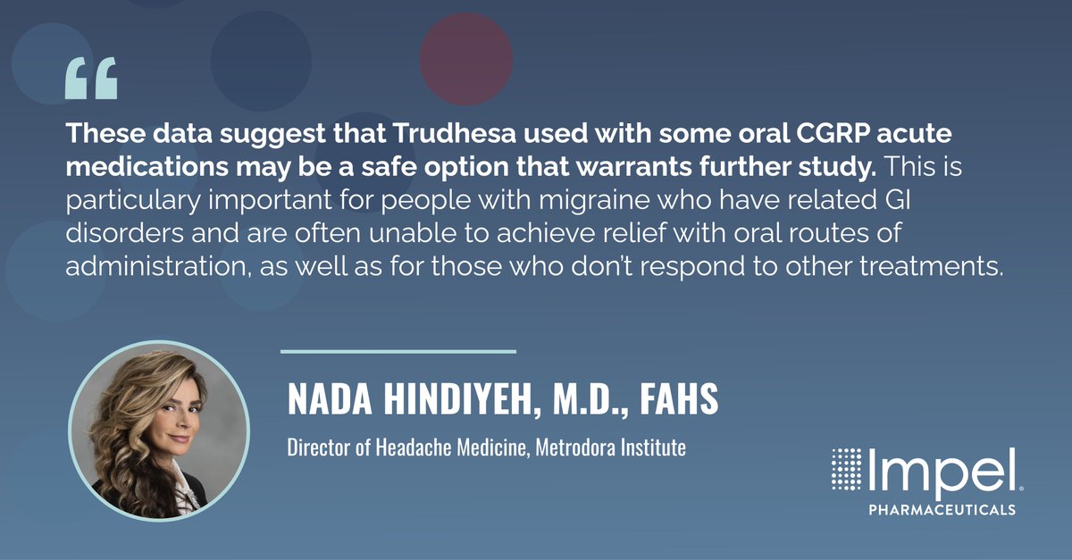 ImpelPharma's tweet photo. We’re   presenting a range of new data at #AANAM suggesting Trudhesa is safe to use when co-administered with commonly prescribed   migraine mediations, including a new analysis that predicts no DDIs when   co-administered with #gepants.

Learn more: https://t.co/l3TMPPGTq7 https://t.co/pgKNF1nYzu
