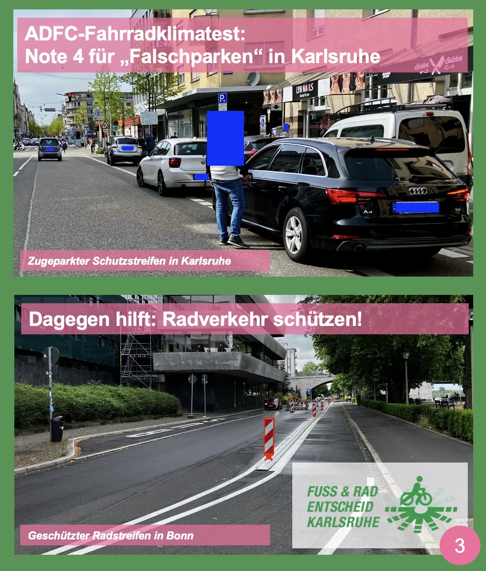 Ideen für Karlsruhe, Nummer 3: Falschparken verhindern. Auf Radwegen abgestellte Autos verhindern sicheres Vorankommen.
