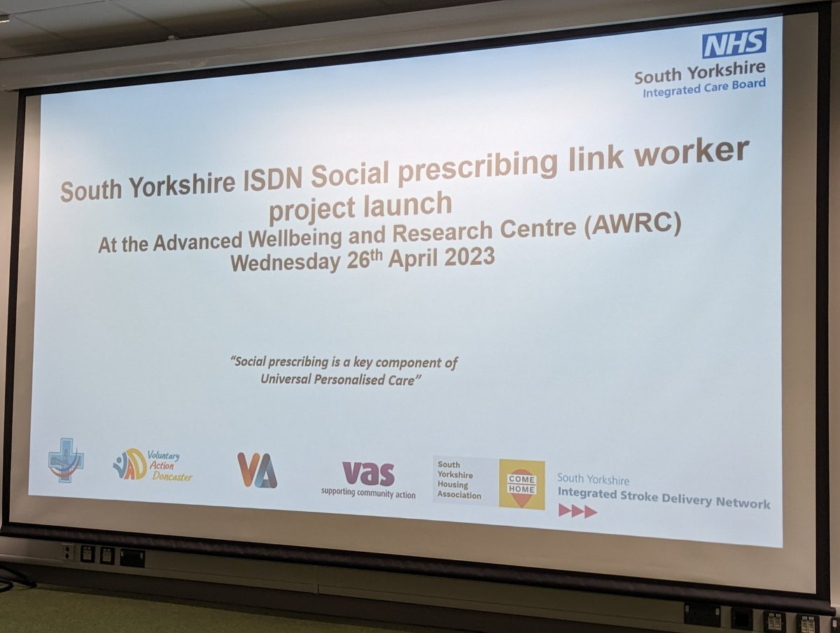 HelenPhoenix1's tweet photo. Lovely to be at @SHU_AWRC today for the launch of the Stroke #socialprescribing project with partners @SYISDN @SYhealthcare  @vasnews @VARotherham @BarnsleyHF .  Our brilliant Mandy &amp; Michelle are doing a great job presenting on the fab work that they do @Doncastersp1 @SYorksHA . https://t.co/yin5SZXA2t
