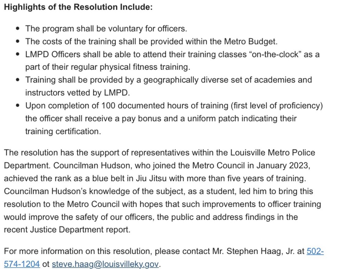 Metro Council will vote of Resolution to support LMPD training in Brazilian Joy Jitsu. 

Councilman Jeff Hudson is sponsoring resolution in effort to bring safer outcomes for both LMPD officers as well as public.