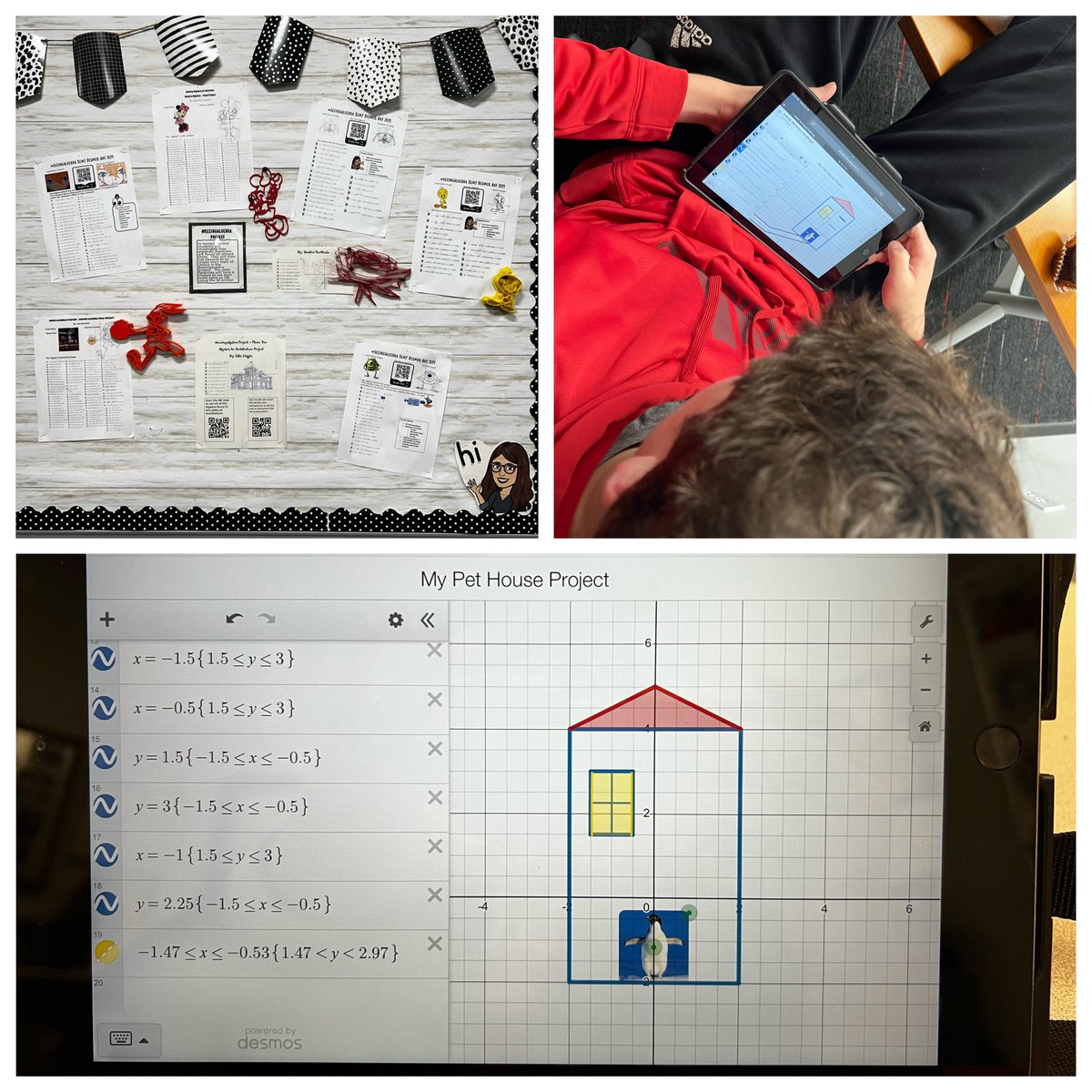 MrsStrole's tweet image. Throughout the year math8 Ss @FJHChargers stop&amp;amp;👀 at HonAlg #seeingmath Now it’s their turn to apply their knowledge of linear functions, compound inequalities, &amp;amp; domain/range. I am thankful that my colleagues built the Pet House project into their map! ❤️👀Carter work on his.