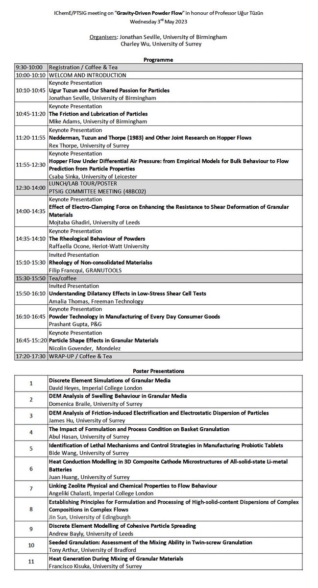 FInal Programme for the IChemE/PTSIG meeting on "Gravity-Driven Powder Flow" in memory of Professor Ugur Tuzun is now available. If interested, please register via icheme.org/gravity-driven… #PowderFlow #PowderTechnology #micromechanicalmodelling #Hopperflow #flowability  #DEM