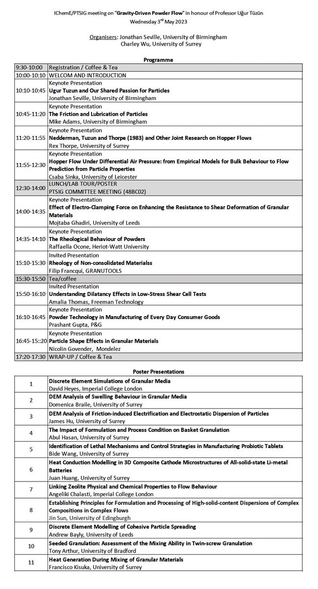 FInal Programme for the IChemE/PTSIG meeting on 'Gravity-Driven Powder Flow' in memory of Professor Ugur Tuzun is now available. If interested, please register via icheme.org/gravity-driven… #PowderFlow #PowderTechnology #micromechanicalmodelling #Hopperflow #flowability  #DEM