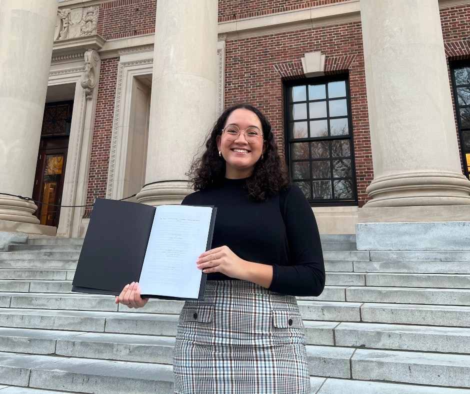 Harvard's tweet photo. For her thesis, “Why They Act: What Drives States to Implement Permissive Immigration Policies,” Amelia Quezada examined what contributes to the expansion of rights for immigrants, a topic that is close to her heart. #Harvard23 https://t.co/bb8EA6SP8S