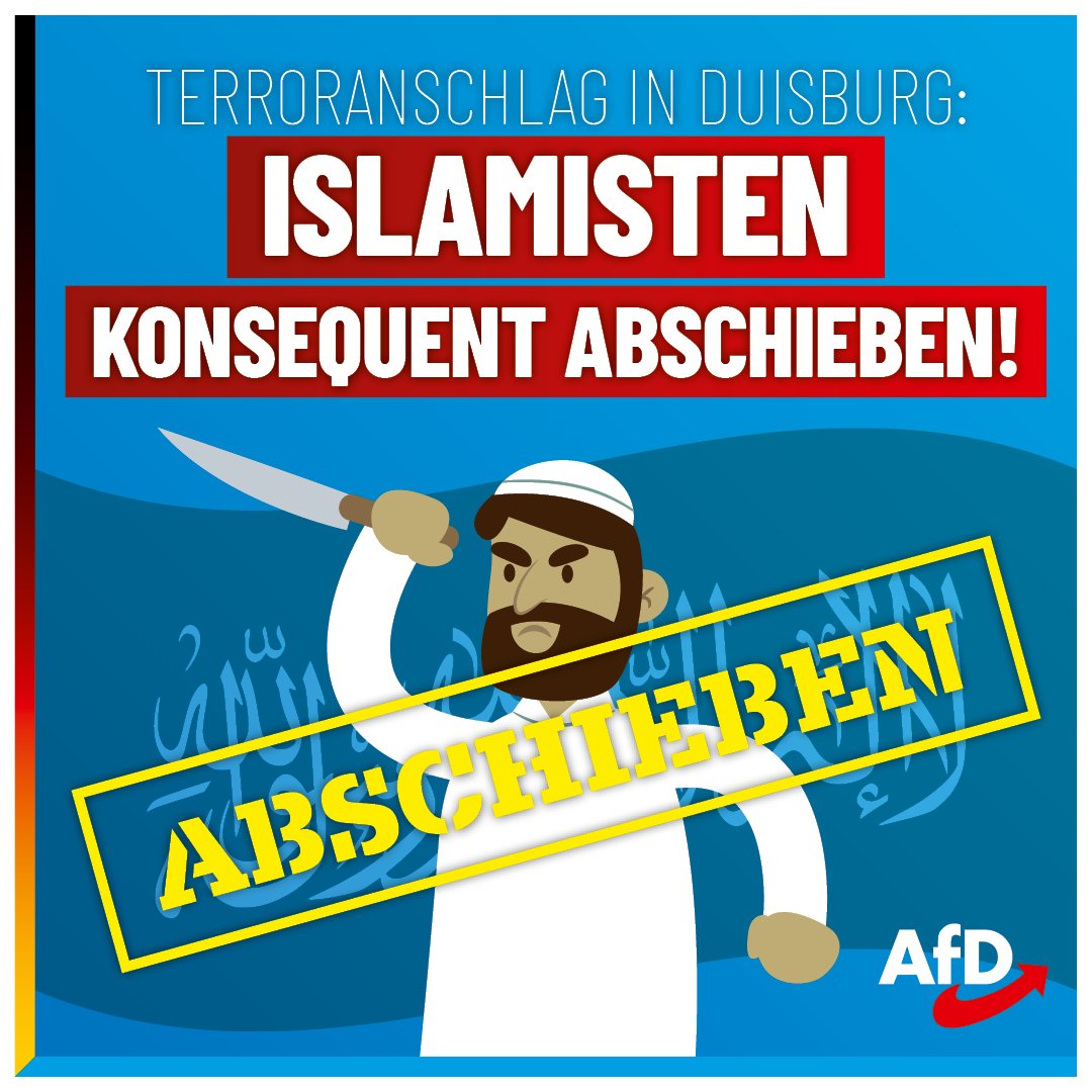 Es ist ein bekanntes Muster: Nachdem zuerst über eine „psychische Erkrankung“ als angebliches Tatmotiv spekuliert wird, ergeben sich später Hinweise auf einen islamistischen #Terroranschlag. Der #Kriminalitäts-Import muss gestoppt werden! #AfD #Duisburg

facebook.com/alternativefue…