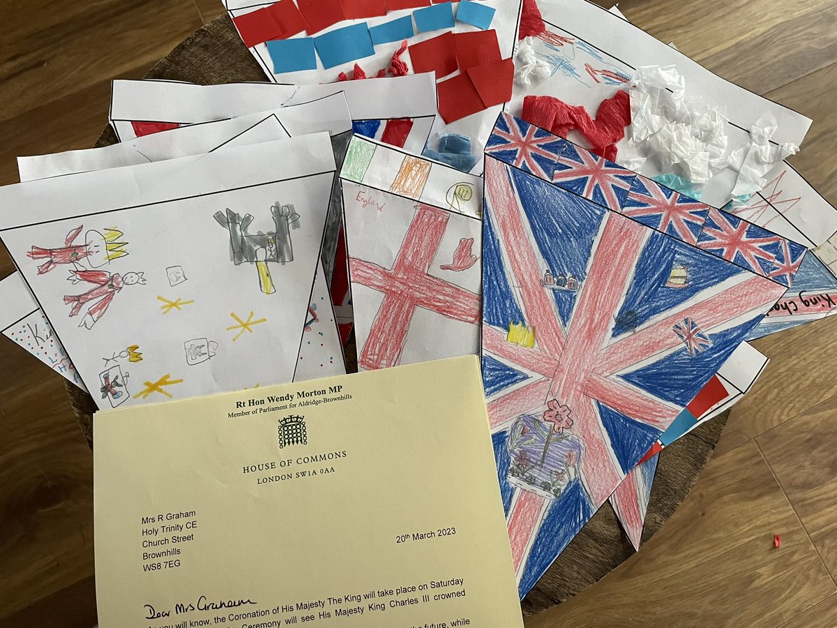Our bunting is ready to send to <a href="/morton_wendy/">Wendy Morton MP</a> All of the children have designed their own flag to help decorate the office for The King’s Coronation 👑